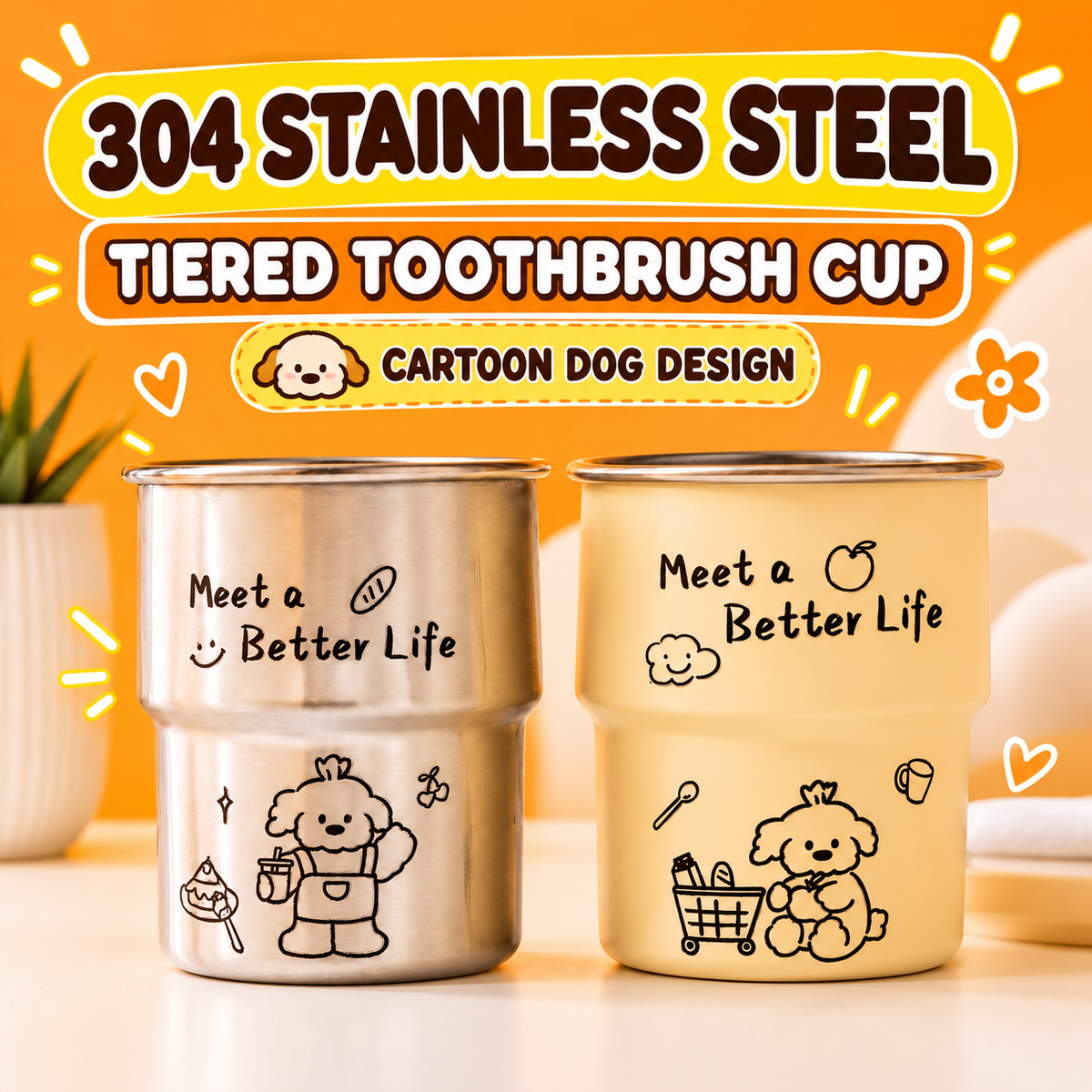 304 stainless steel tiered toothbrush cups in ivory and silver with cartoon dog artwork.
