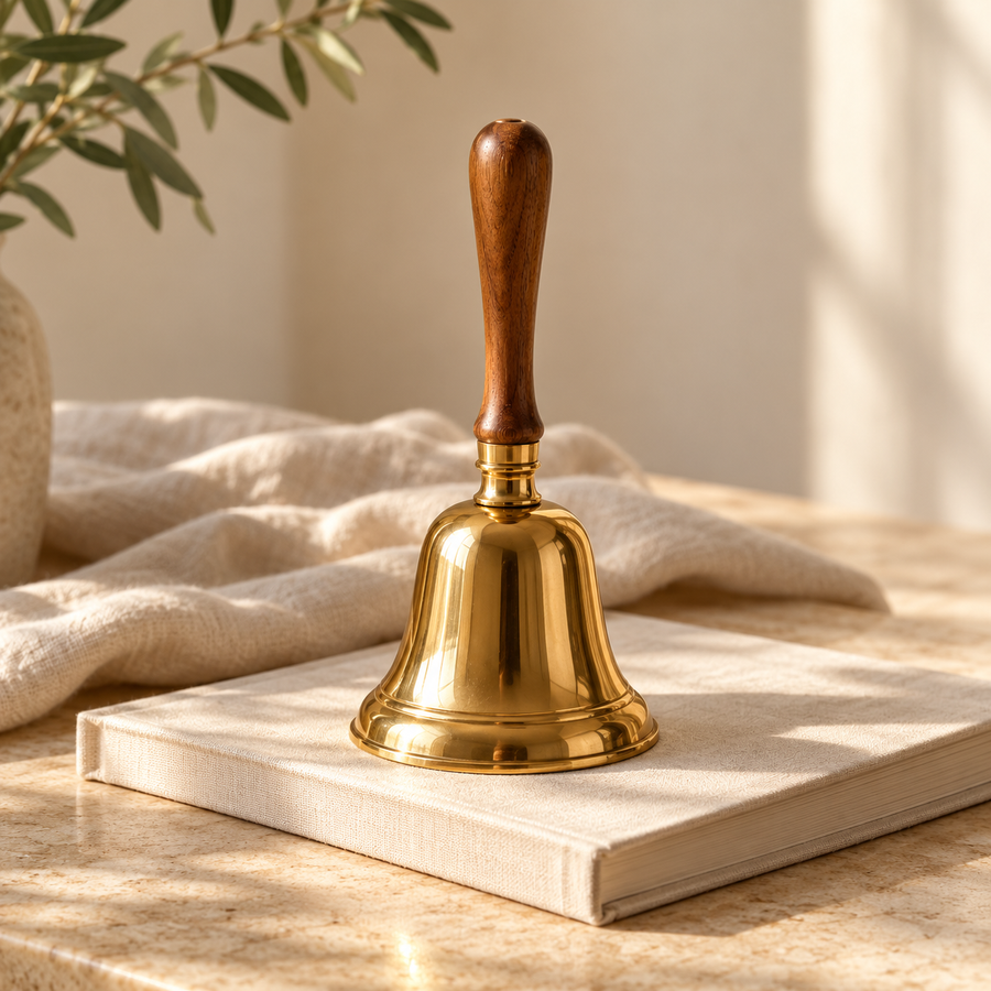 Brass handbell with a wooden handle resting on a linen-covered book