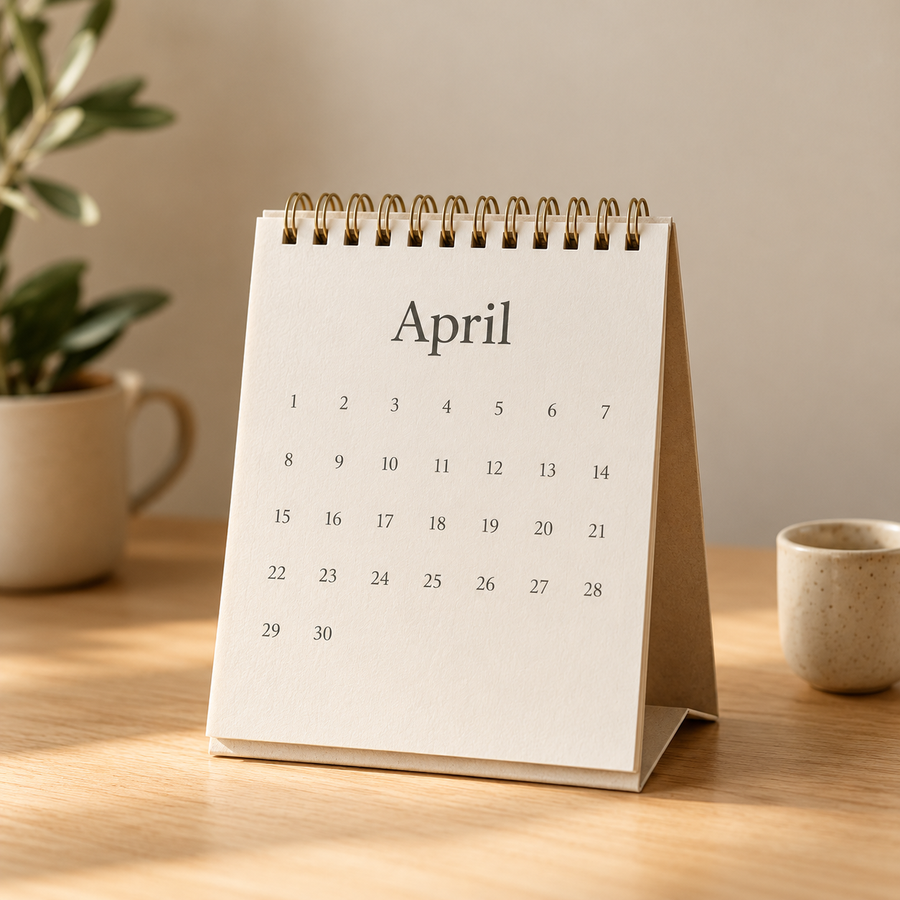 Spiral-bound desk calendar displaying April beside a potted plant and ceramic cup