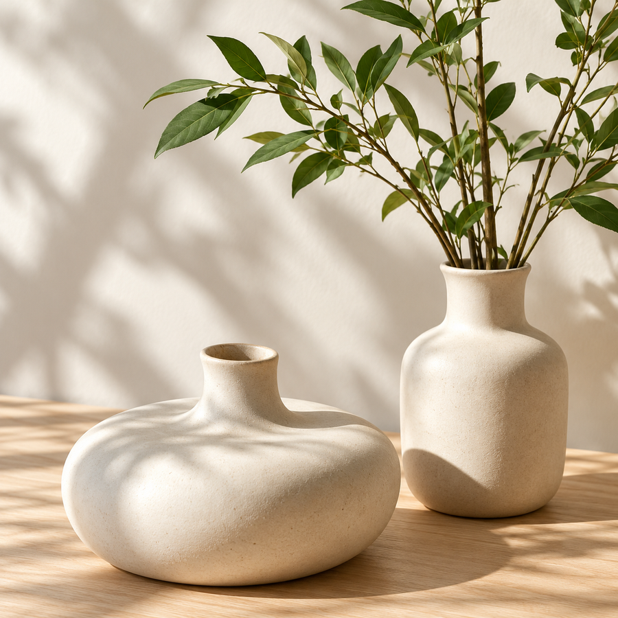 Two cream ceramic vases, one holding leafy branches, displayed on a wooden table