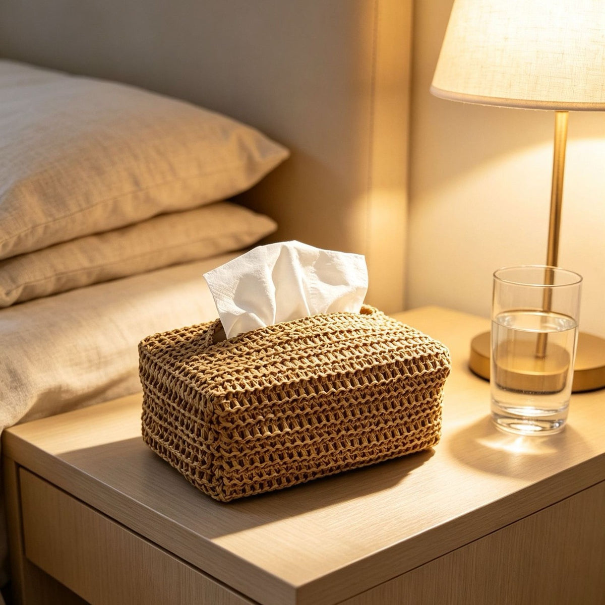 Woven tissue box cover on a bedside table with a tissue emerging from the top.