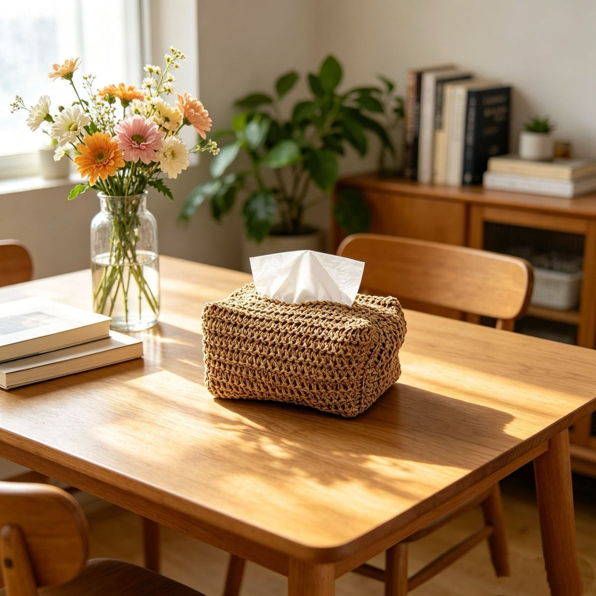 Woven tissue box cover displayed on a wooden table in a bright living space.
