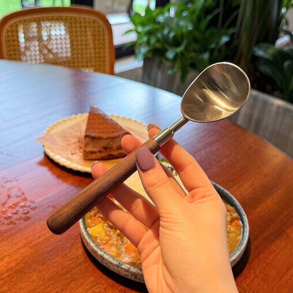 Angled view of a single stainless steel watermelon baller spoon with a walnut-style handle and rounded scoop head.