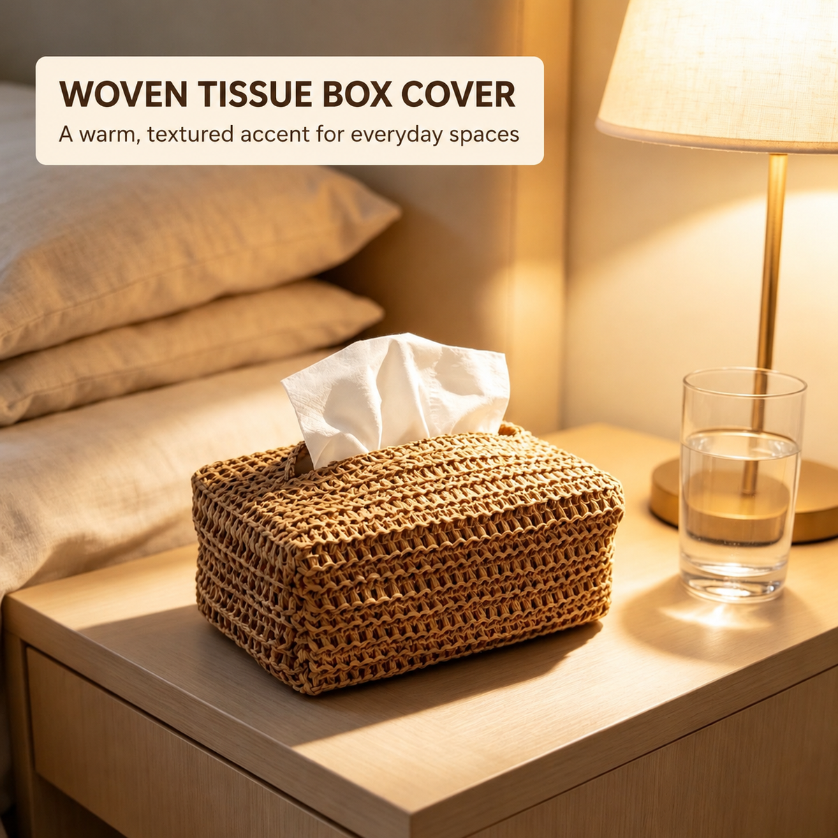 Woven tissue box cover with a warm textured look, styled on a bedside table.