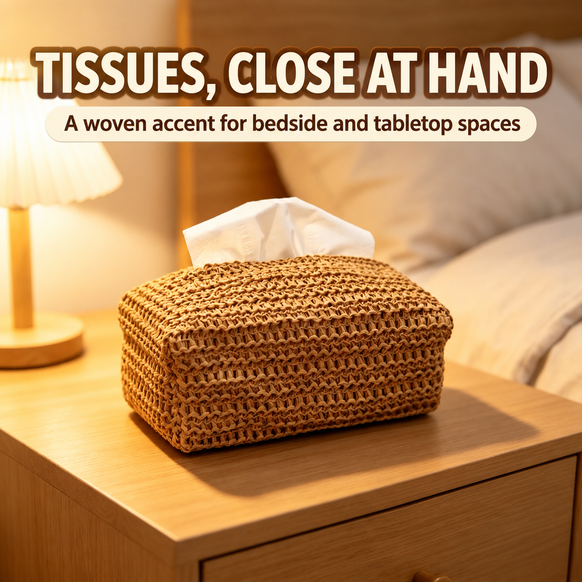 Woven tissue holder on a bedside table, with tissues close at hand.