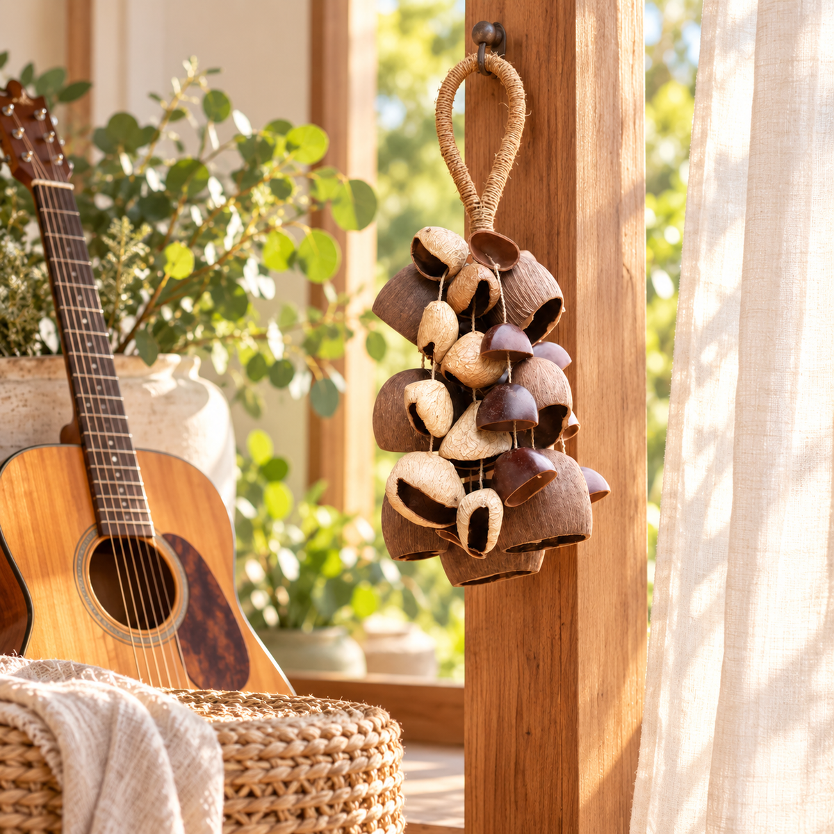 Handmade natural nutshell hanging decoration with cord loop, approximately 35 cm long