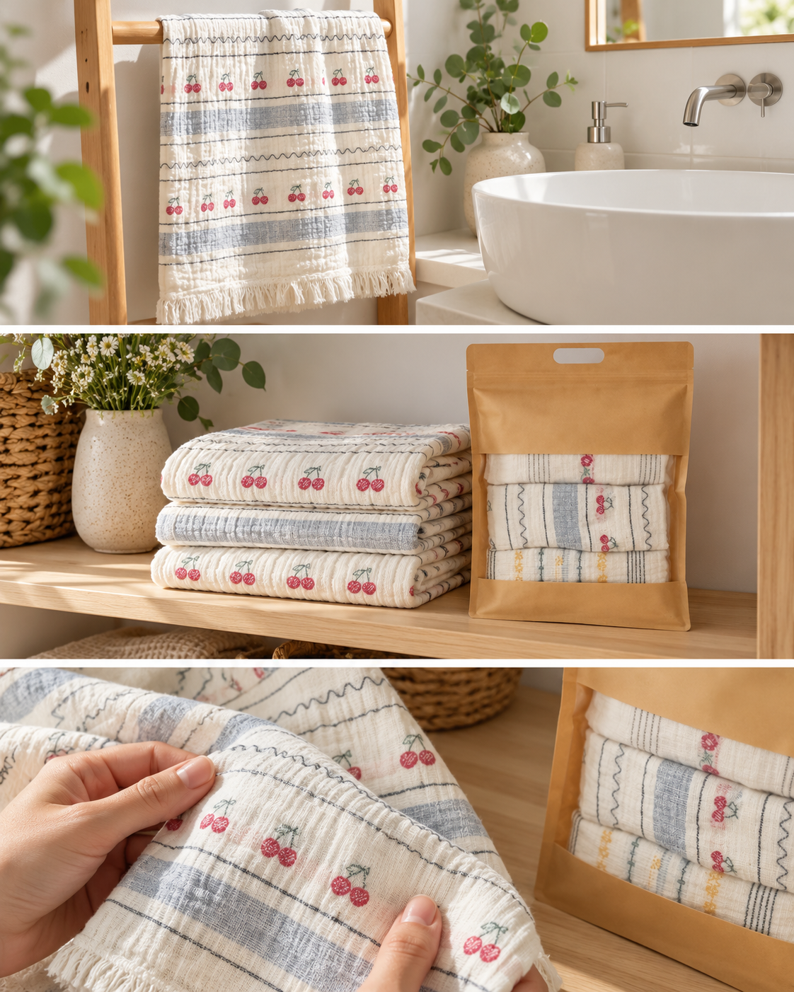 3-Piece Gauze Hand Towel Set, 35 × 75 cm – Floral Stripe