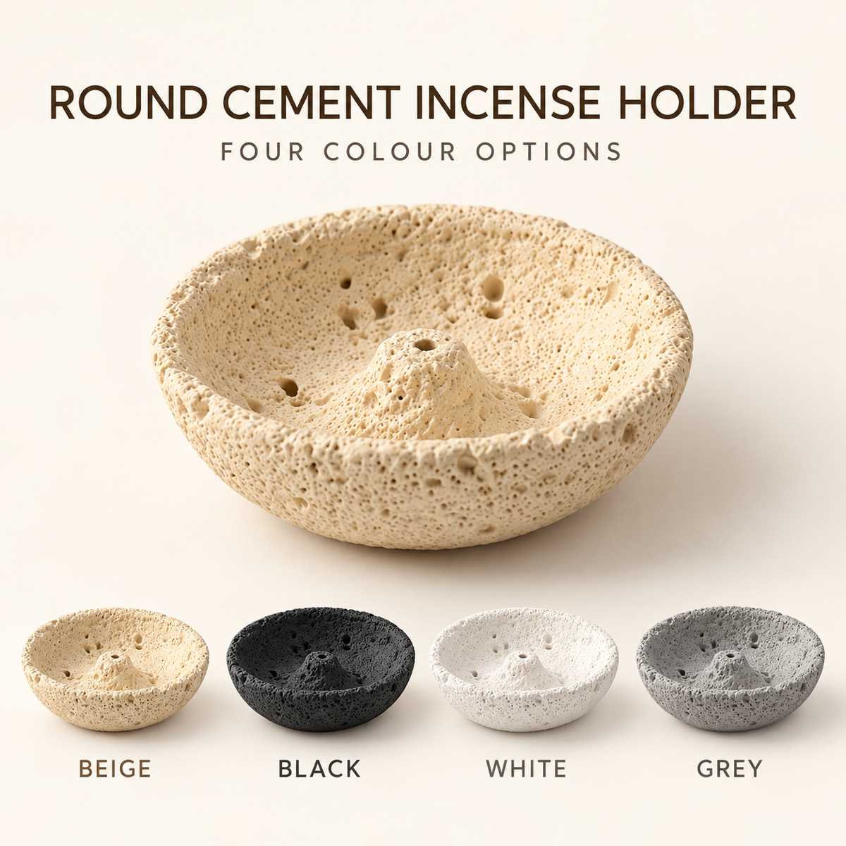 Round cement incense holder shown in four available colour options: beige, black, white and grey