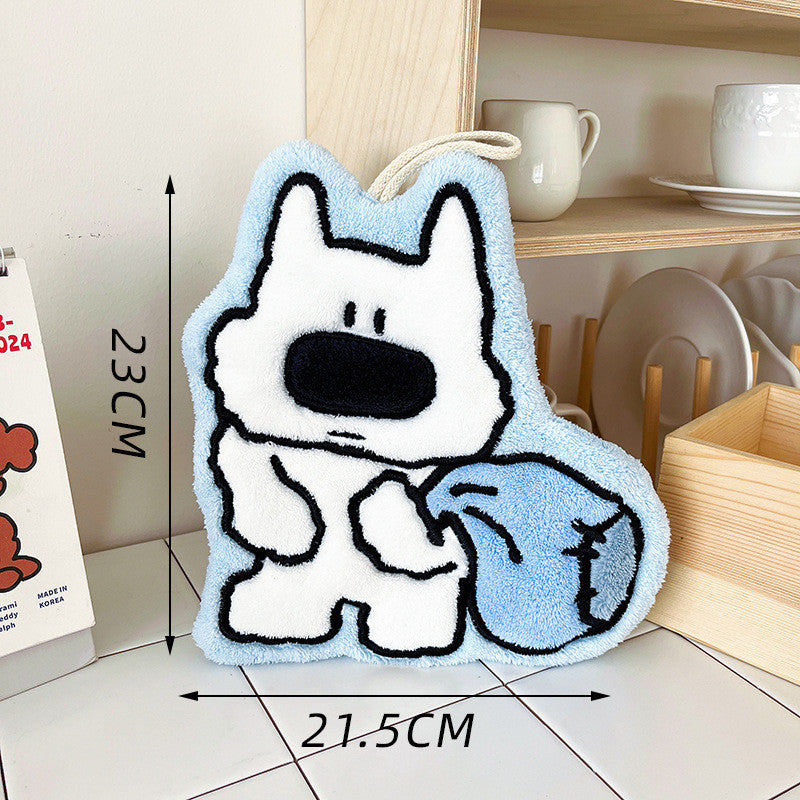 Blue dog hand towel with size diagram