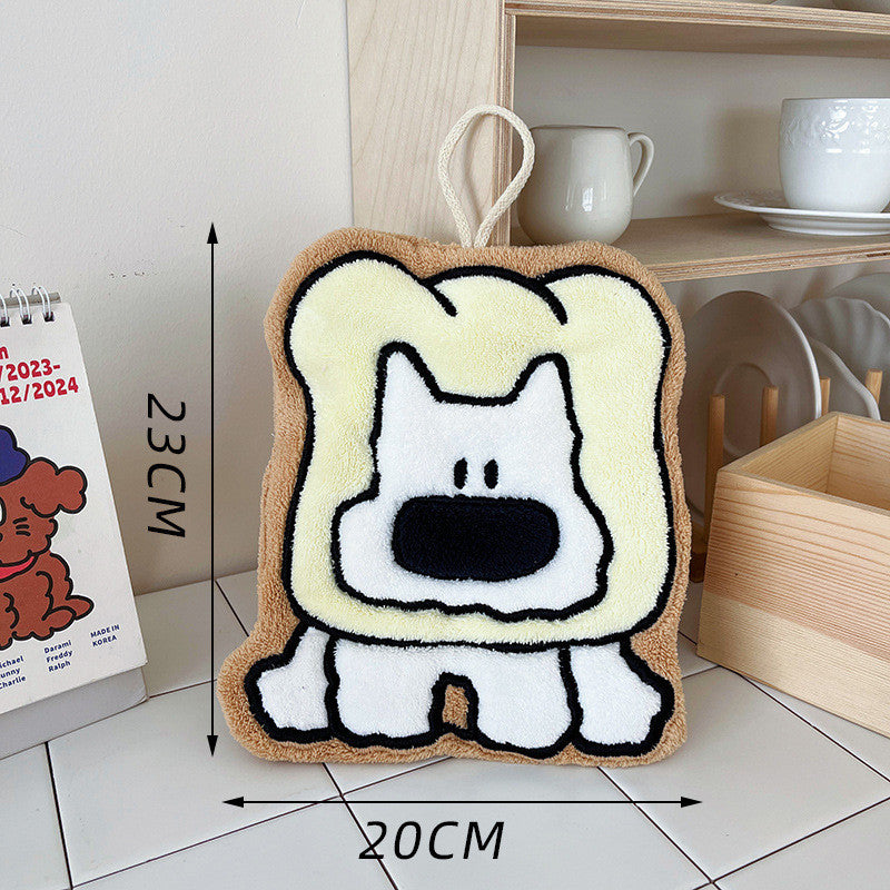 Brown and cream dog hand towel with size diagram