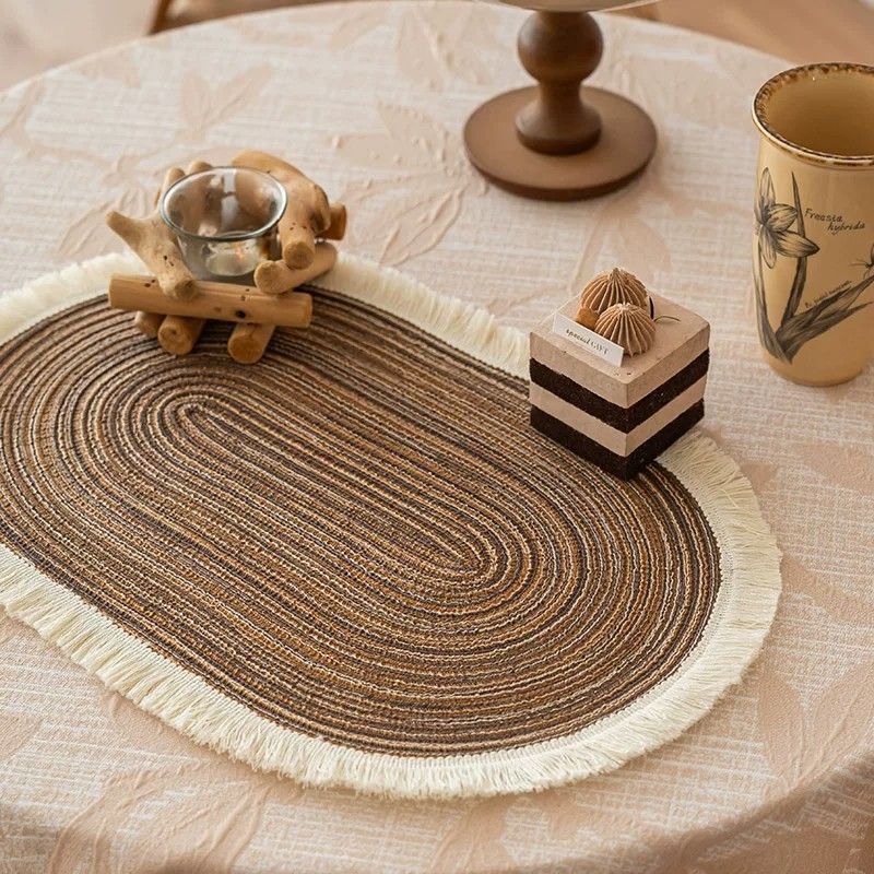 Coffee brown fringed placemat in a dining setting