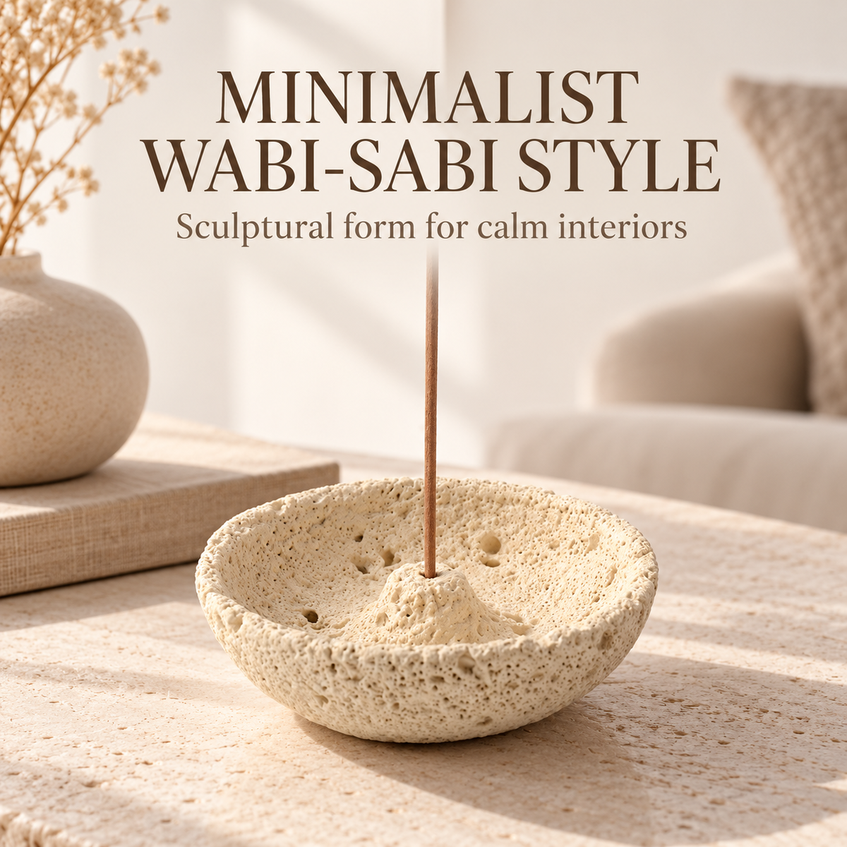 Minimalist wabi-sabi cement incense holder styled in a calm interior