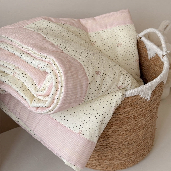 Pink gingham quilt with small bow and dot print — Pink Bow Dot pattern