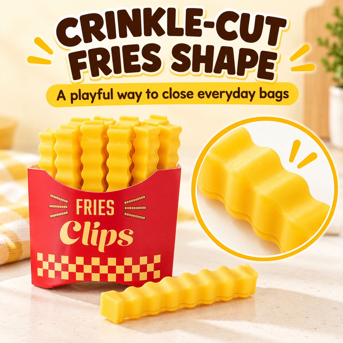 Close-up feature graphic of the yellow ridged, wavy clips stored in the red fries-shaped holder.