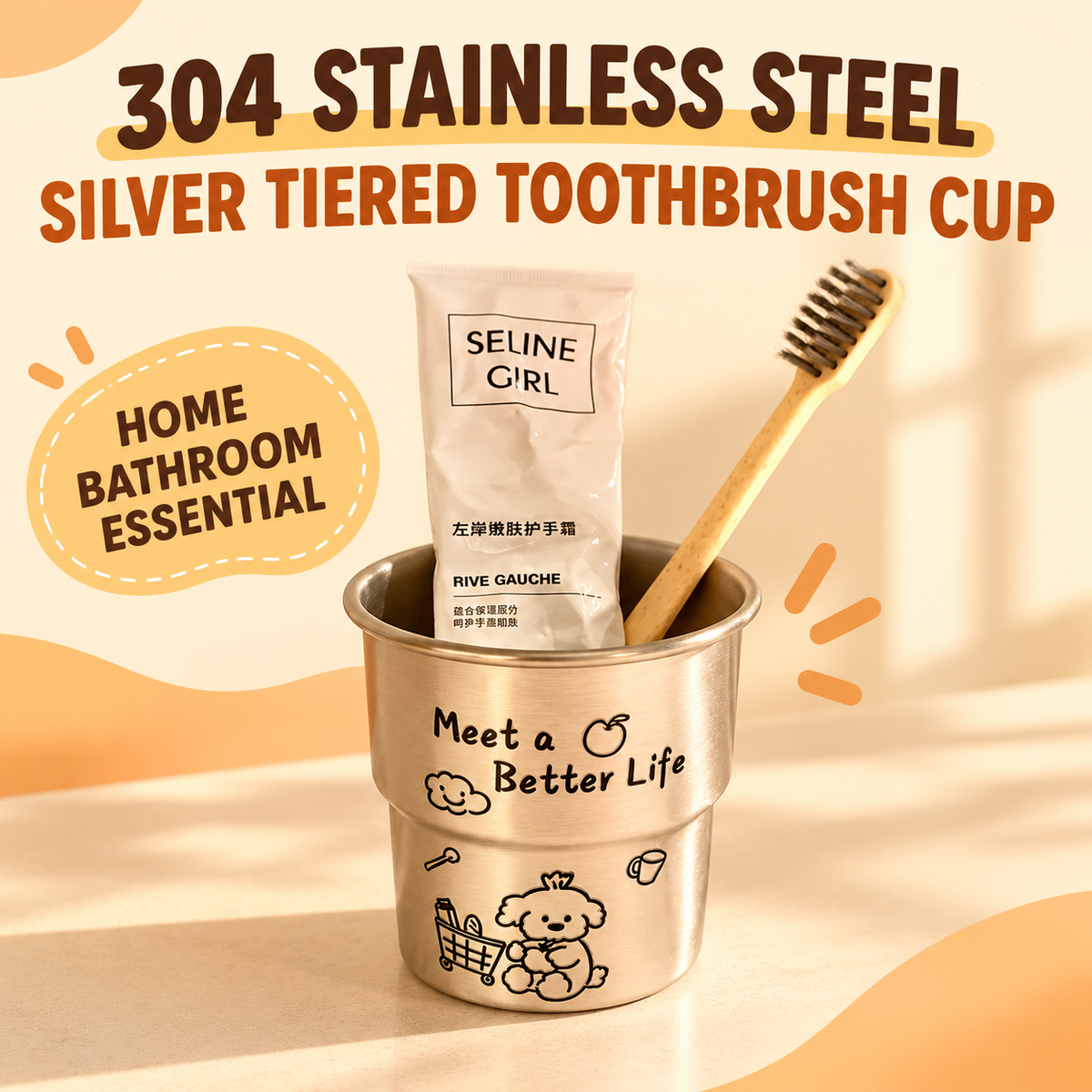 Silver tiered stainless steel toothbrush cup with cartoon dog artwork and toothbrush.