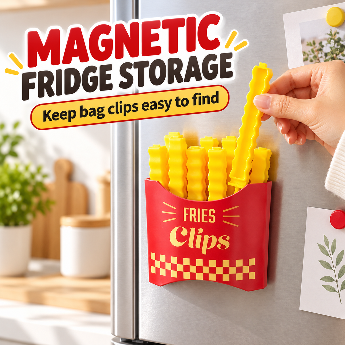 Red storage holder attached to a refrigerator with yellow wavy bag clips and English fridge-storage text.