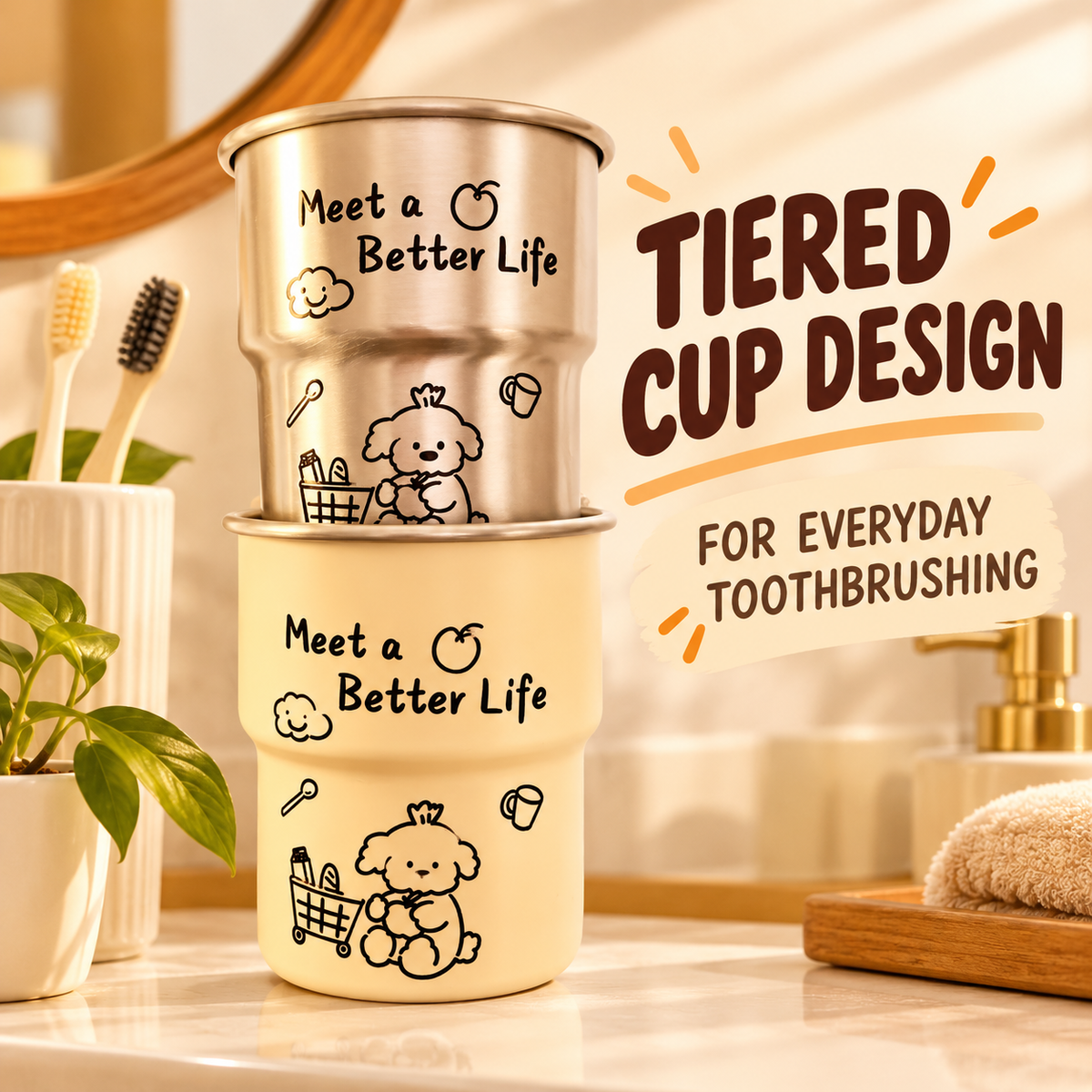 Tiered toothbrush cups shown in a bathroom setting for everyday toothbrushing.