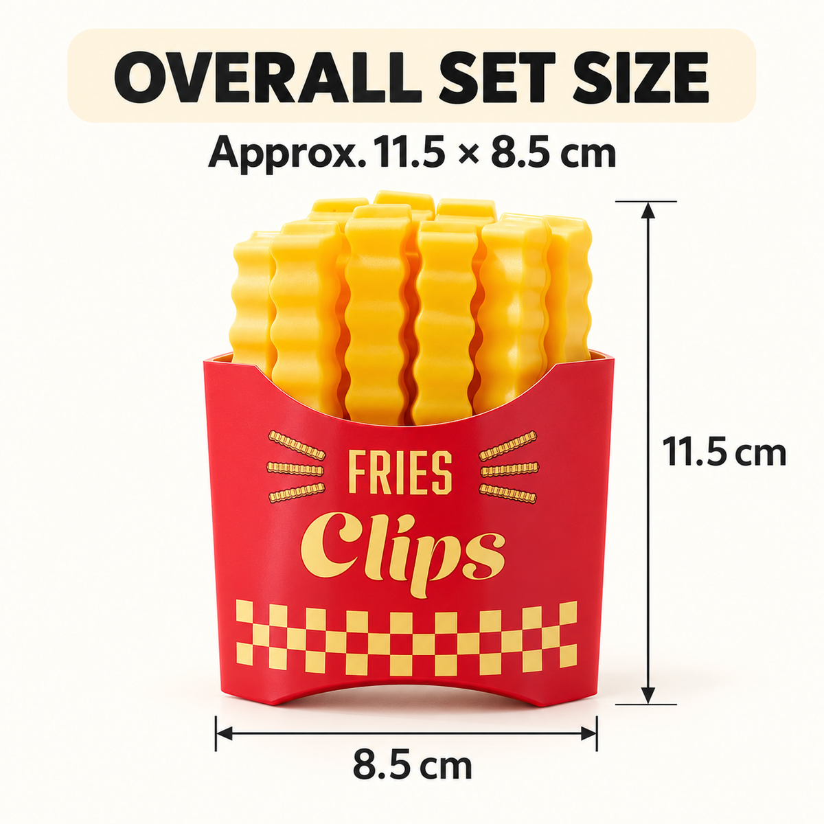 Size infographic showing the fries-shaped bag clip set at approximately 11.5 cm overall height by 8.5 cm holder width, with clips stored in the holder.