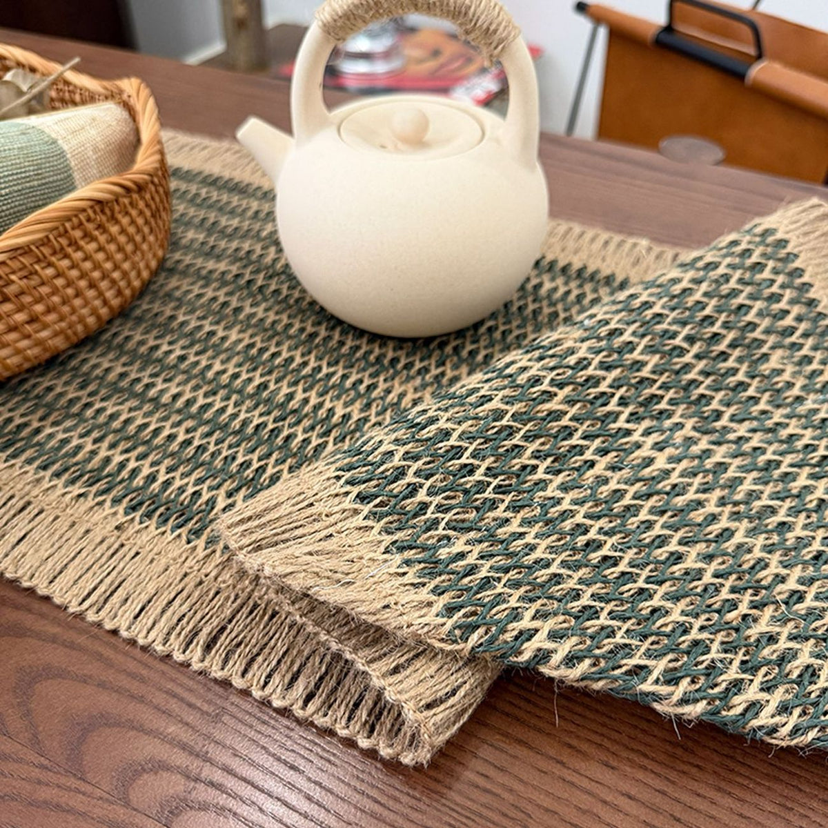 Close-up of the runner's woven texture and fringed edge